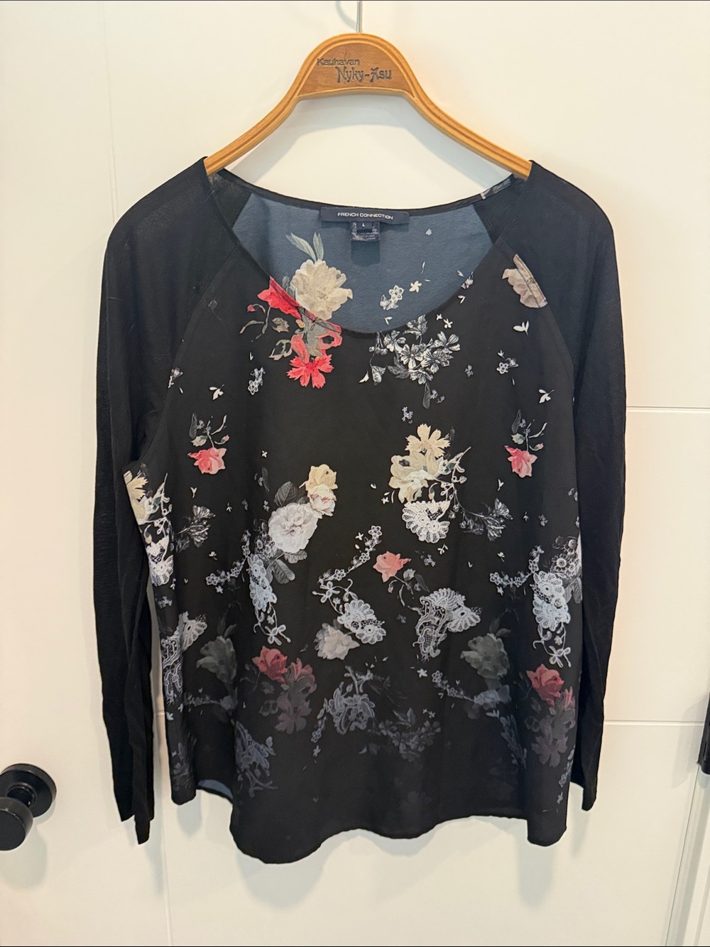 French Connection Black Floral Raglan Long-Sleeve Top